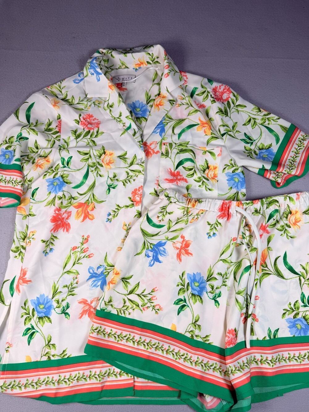 WAYF Floral Print Set Button Front Top Shorts Green Trim Women's XS